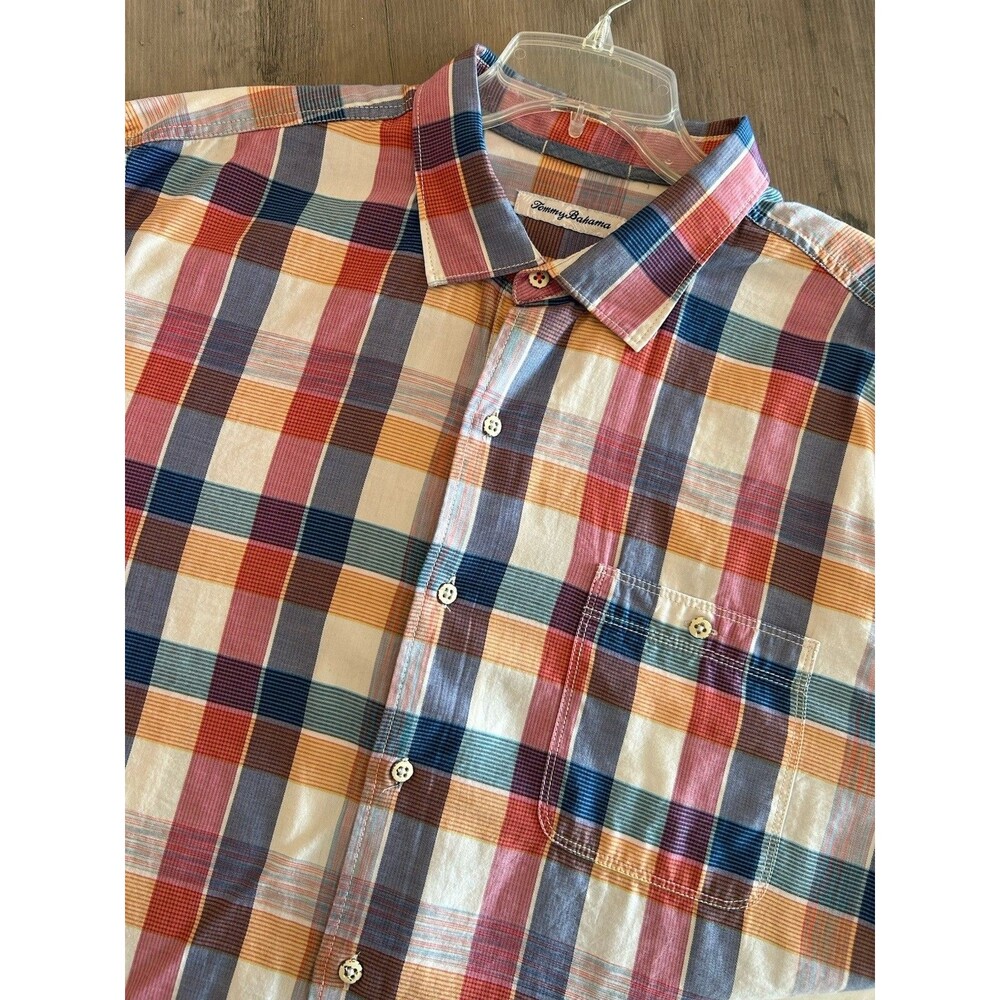 Tommy Bahama Mendocino Plaid Pure Coral Blue Red Orange Long Sleeve Size XL